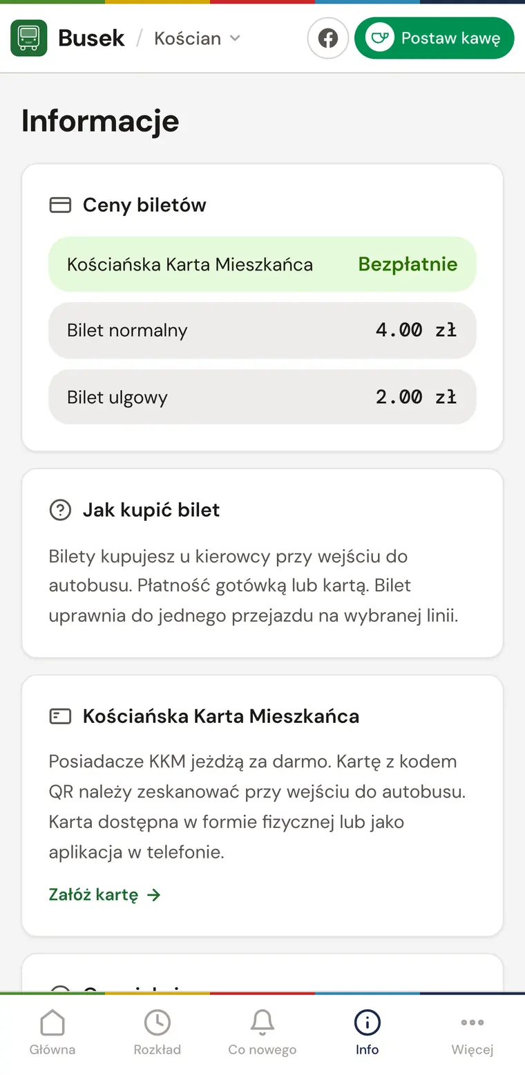 Strona Informacje: ceny biletów, zasady Kościańskiej Karty Mieszkańca i sposób zakupu.
