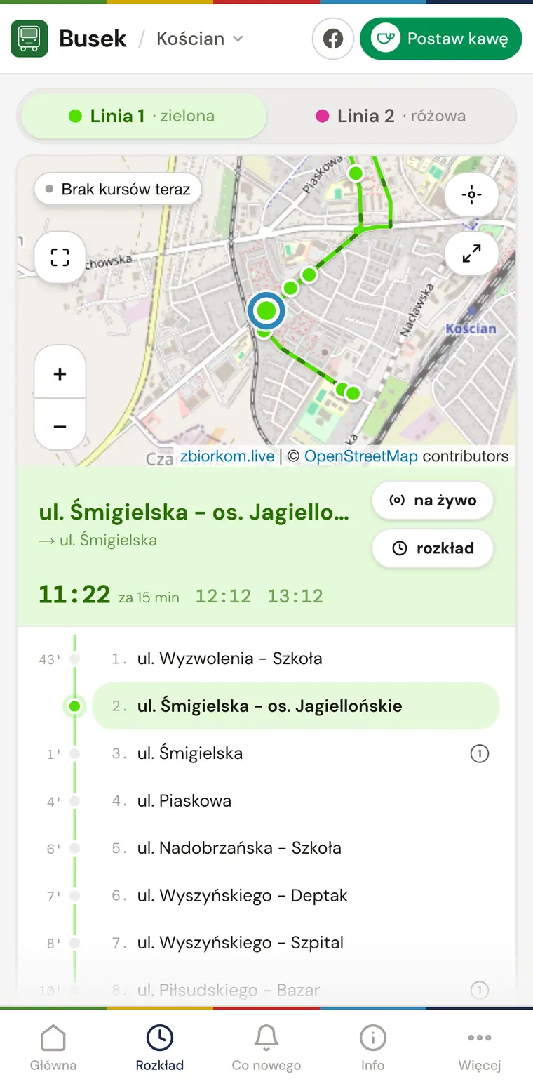Rozkład Linii 1: mapa z przebiegiem trasy, najbliższy odjazd 11:22 i lista przystanków.